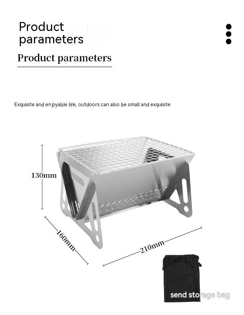Folding stainless steel barbecue oven with grill rack, shown with storage bag