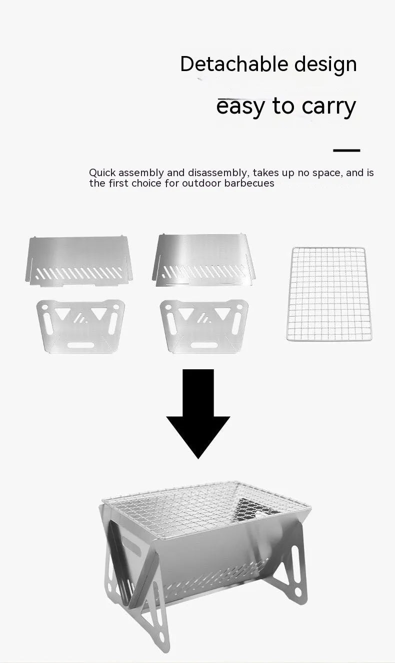 Folding stainless steel barbecue oven with grill rack, shown with storage bag