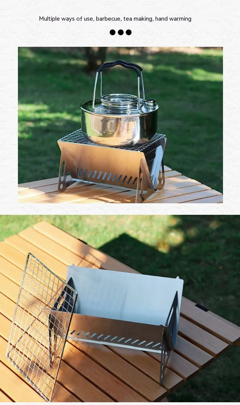 Folding stainless steel barbecue oven with grill rack, shown with storage bag