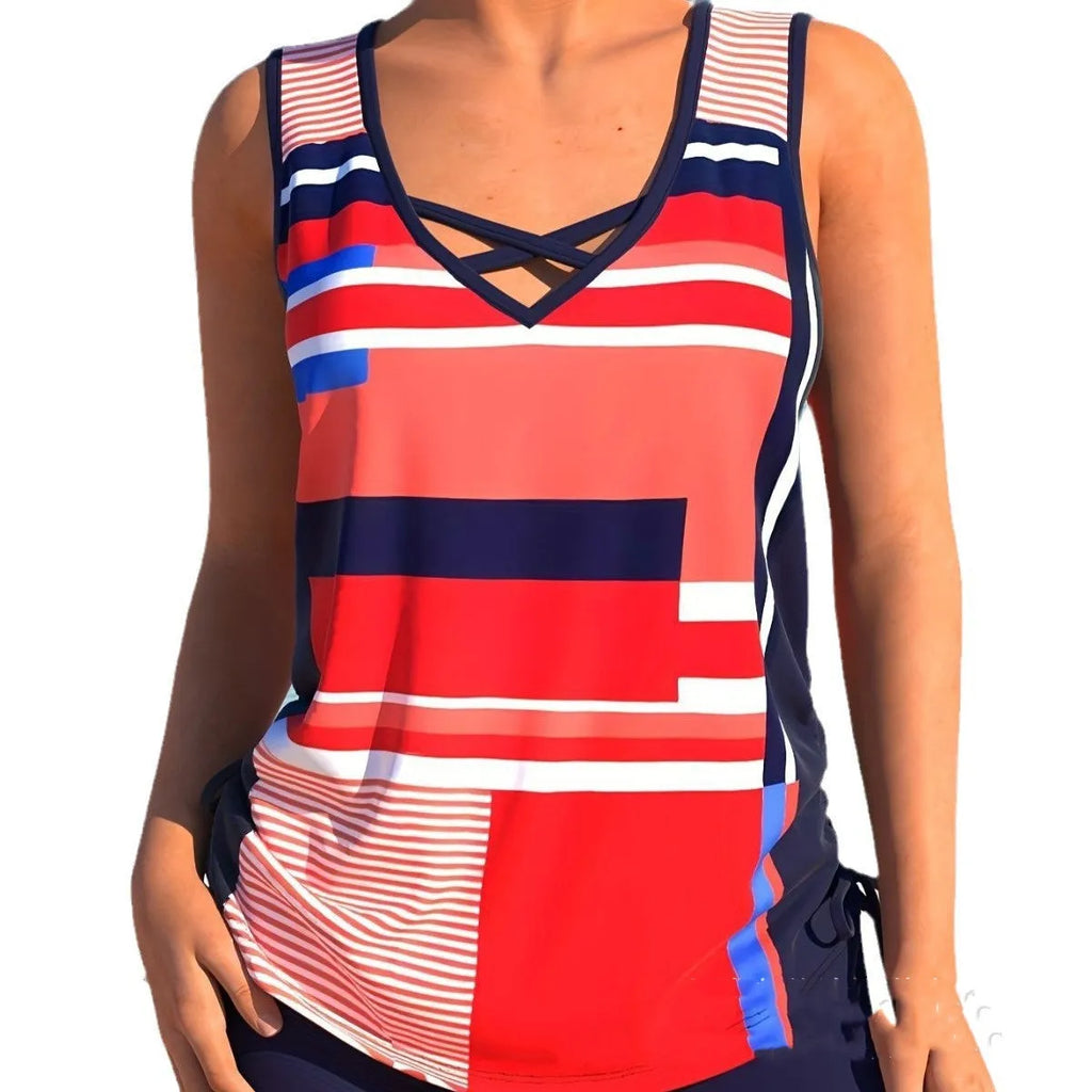 Women's two-piece swimsuit set with a top and printed boxer shorts in a solid colour.