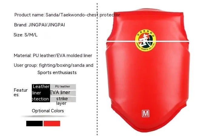 Red boxing protective gear set with helmet and chest protector for training