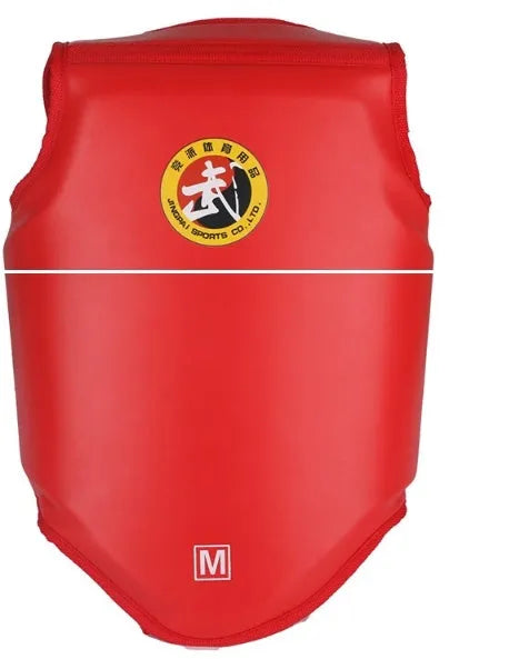Red boxing protective gear set with helmet and chest protector for training