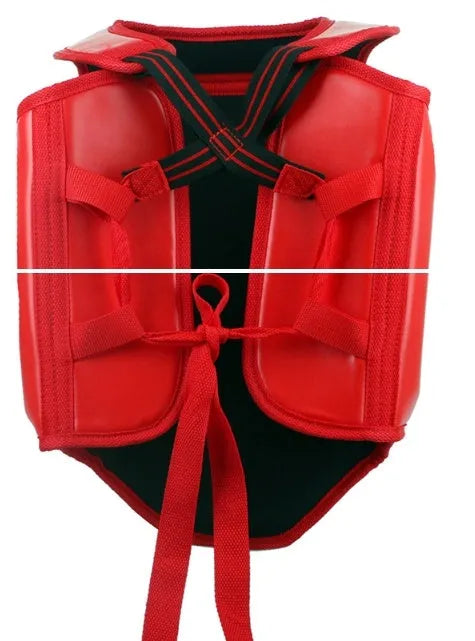 Red boxing protective gear set with helmet and chest protector for training