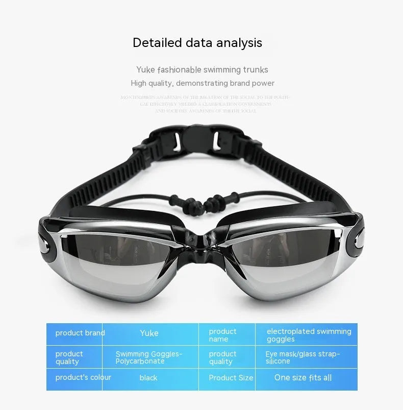 Men's black swimming set with polyester trunks, anti-fog goggles, waterproof cap and accessories