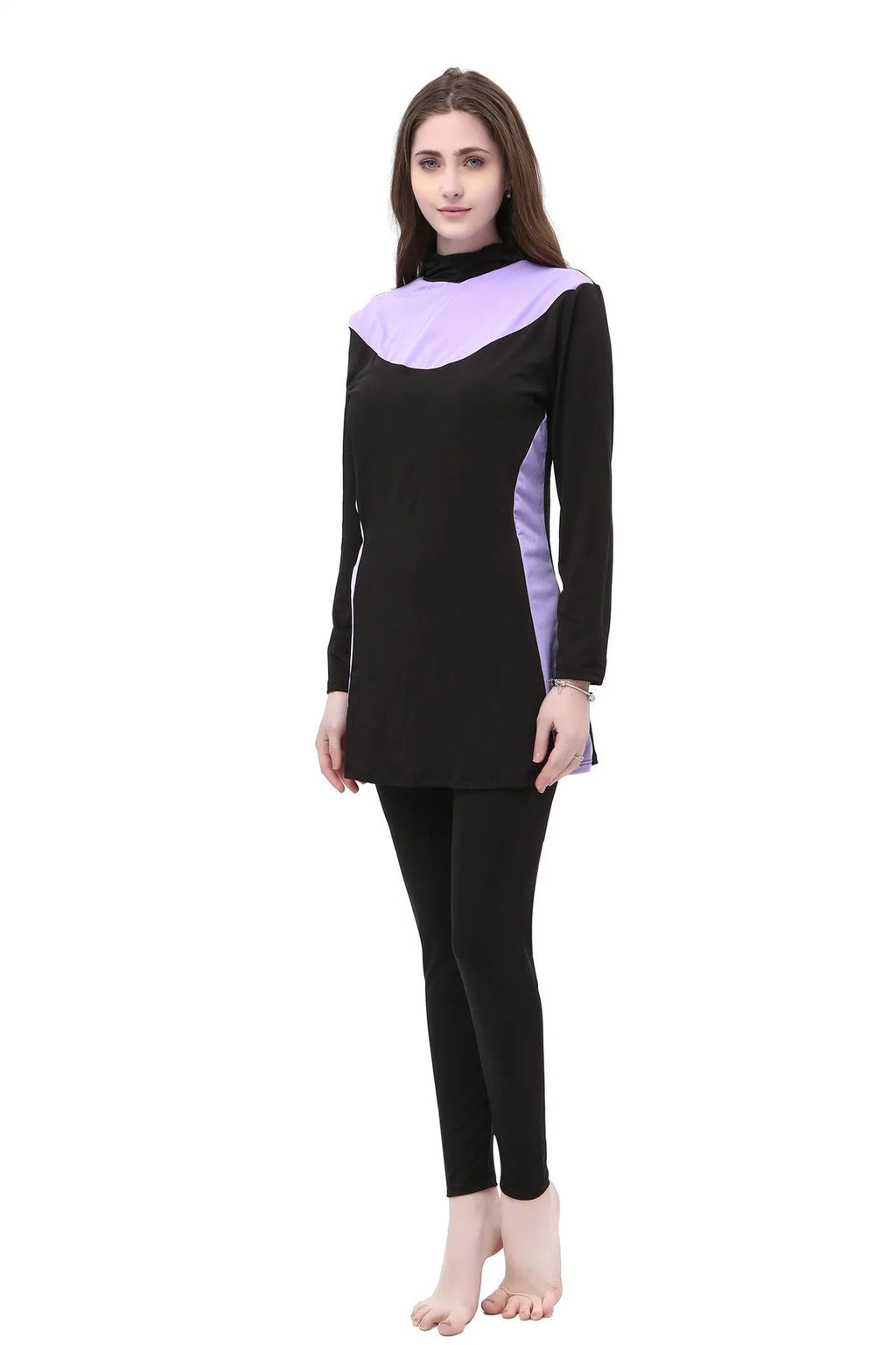 Women's black hooded long sleeve swimsuit top and pants for conservative swimming.
