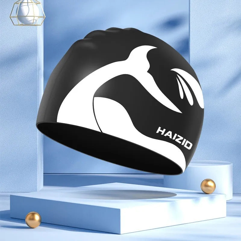 Silicone swimming cap with whale tail pattern and waterproof ear protectors in various colour options