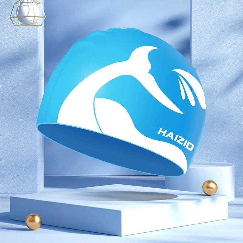 Silicone swimming cap with whale tail pattern and waterproof ear protectors in various colour options