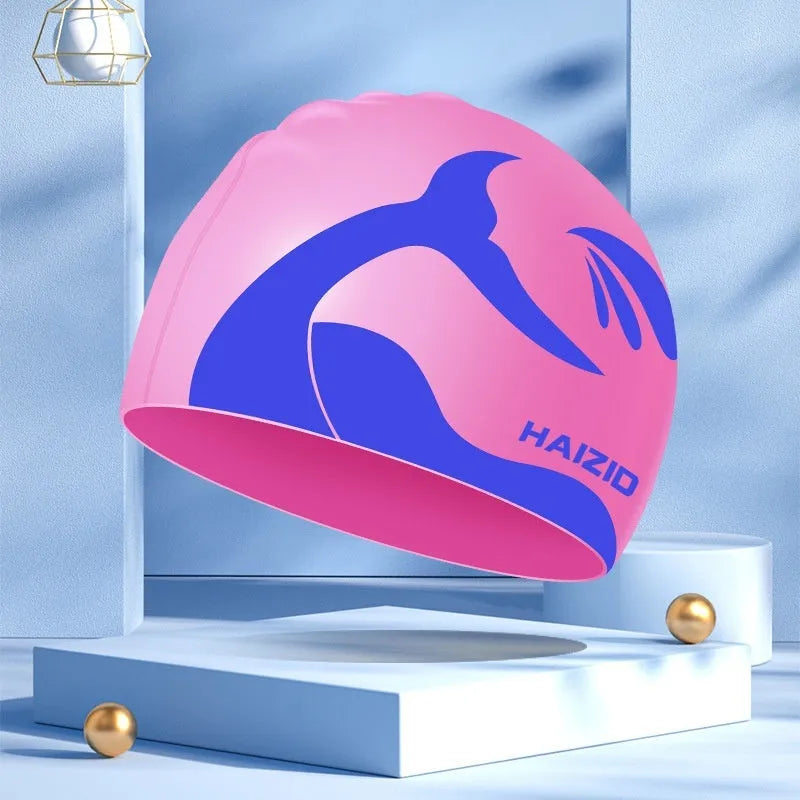 Silicone swimming cap with whale tail pattern and waterproof ear protectors in various colour options