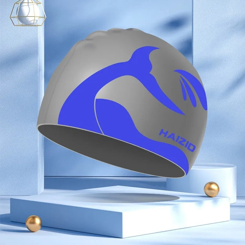 Silicone swimming cap with whale tail pattern and waterproof ear protectors in various colour options