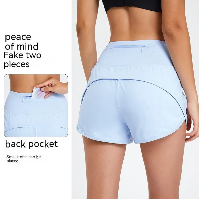 Women's black quick-drying nylon high-waist fitness shorts on a white background.