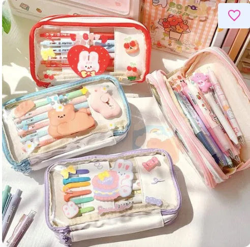 Japanese transparent heart-shaped pen bag with cute rabbit characters in TPU material