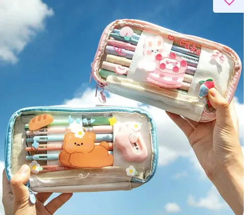 Japanese transparent heart-shaped pen bag with cute rabbit characters in TPU material