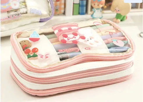 Japanese transparent heart-shaped pen bag with cute rabbit characters in TPU material