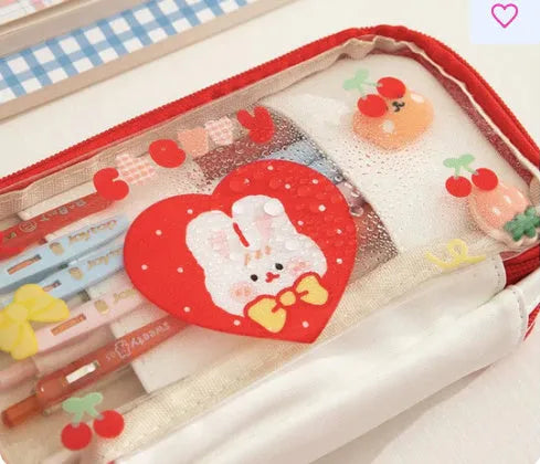 Japanese transparent heart-shaped pen bag with cute rabbit characters in TPU material