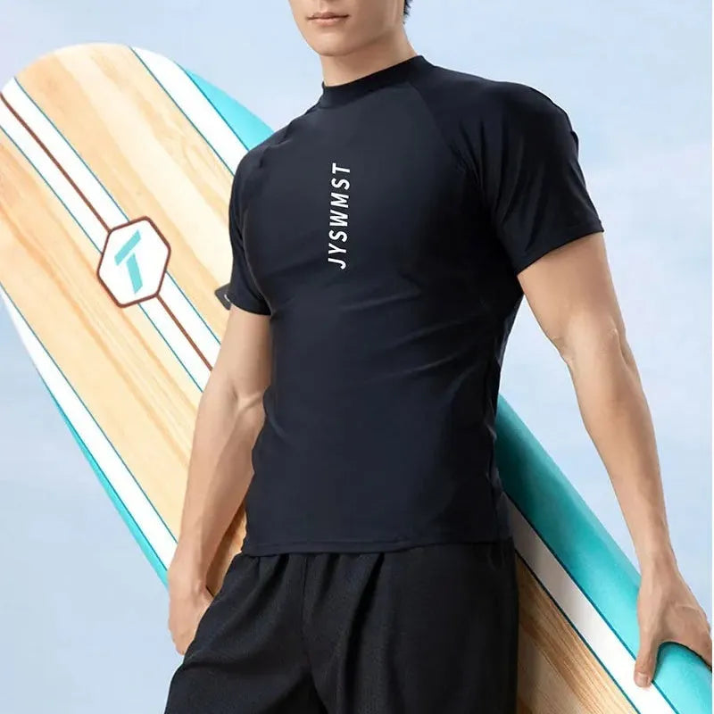 Men's plus size polyester swimsuit set showing top and swimming trunks in various patterns and colours