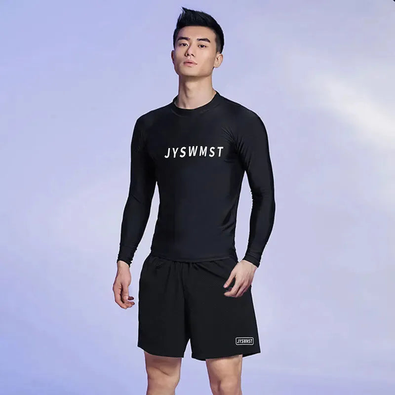 Men's plus size polyester swimsuit set showing top and swimming trunks in various patterns and colours