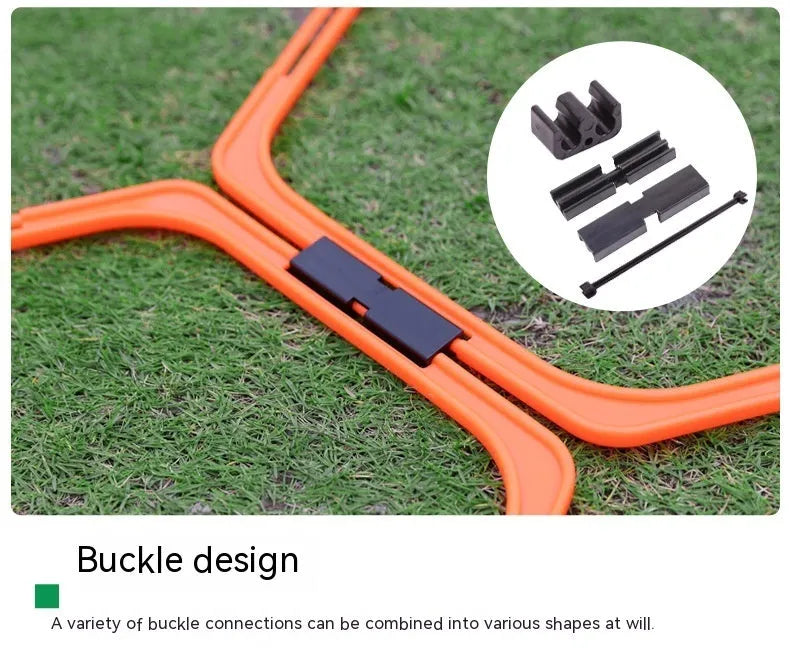 Set of six foldable yellow green and orange hexagon plastic agility training rings laid out on grass
