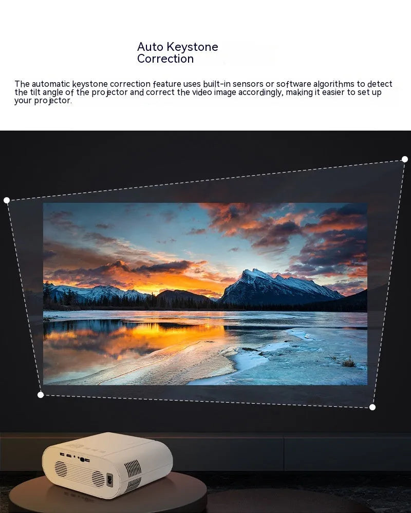 White Full HD smart projector with remote control on dark surface