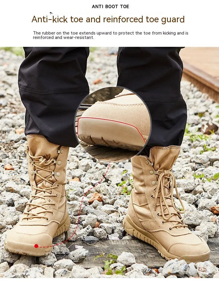 Yulong unisex tactical desert combat boots in black and sand colours, shown as outdoor climbing shoes.