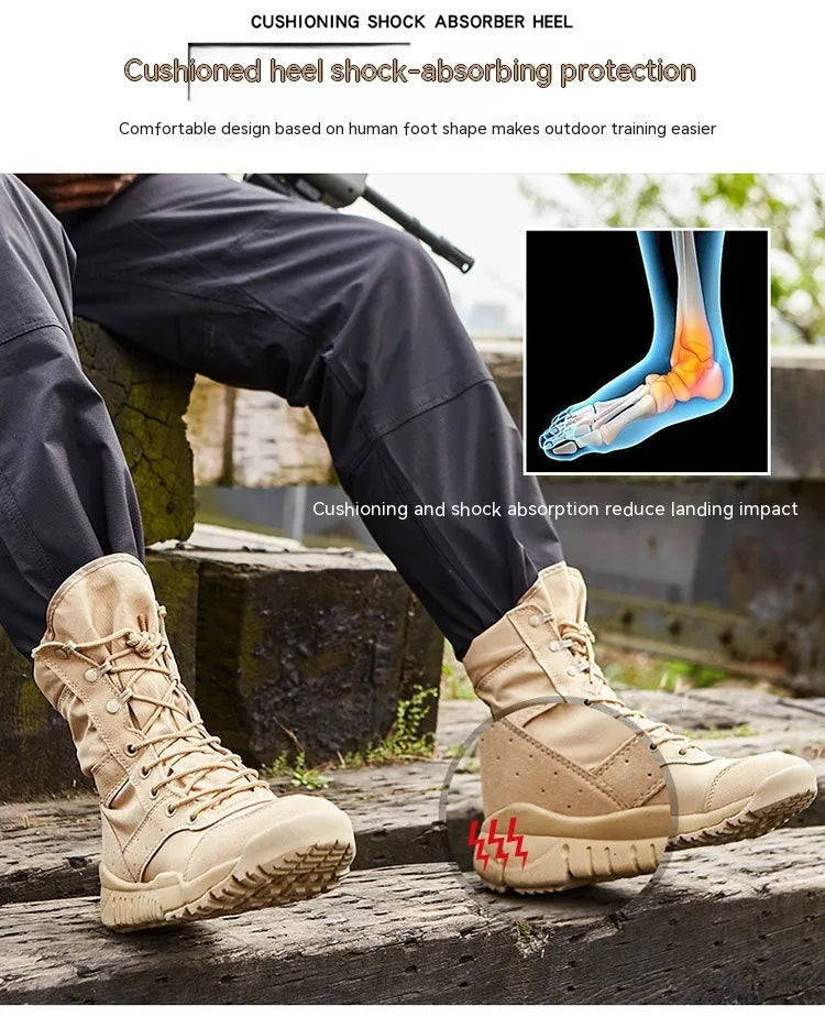 Yulong unisex tactical desert combat boots in black and sand colours, shown as outdoor climbing shoes.