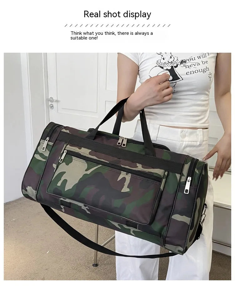 Camouflage pattern waterproof luggage bag with striped interior lining showing under 20L capacity