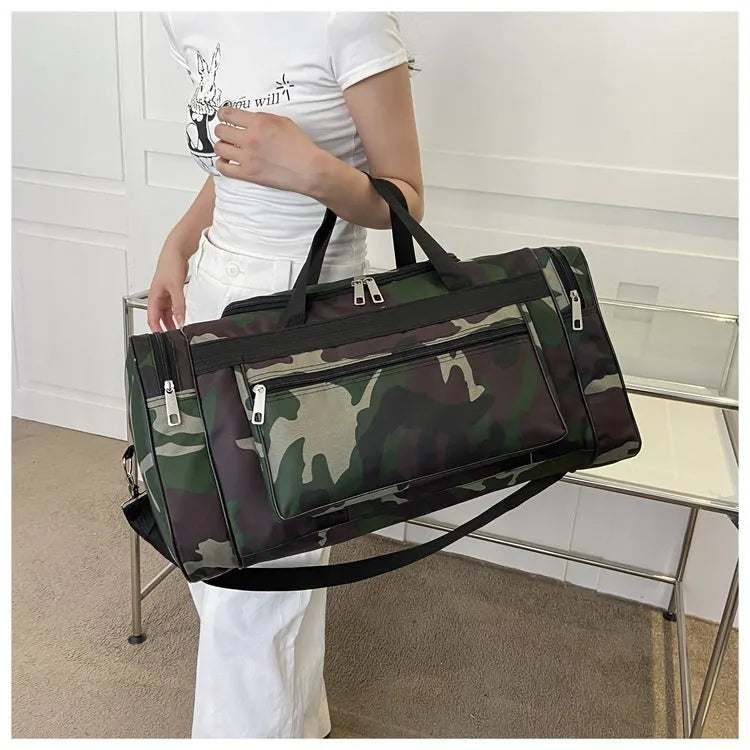 Camouflage pattern waterproof luggage bag with striped interior lining showing under 20L capacity