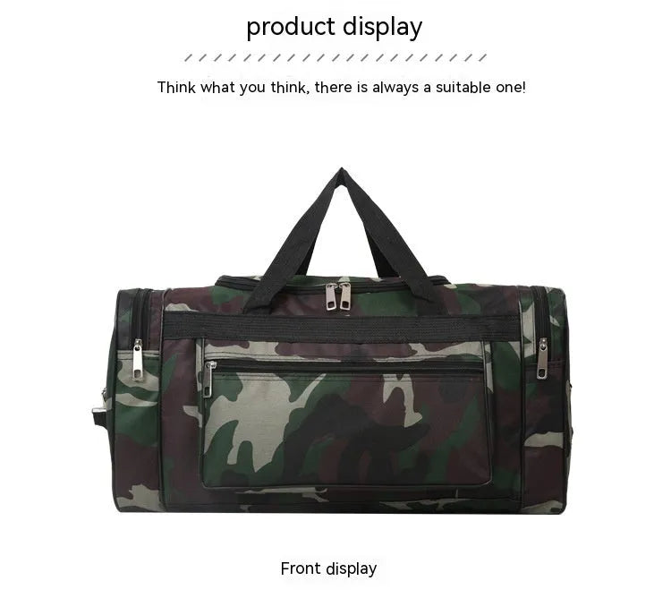 Camouflage pattern waterproof luggage bag with striped interior lining showing under 20L capacity