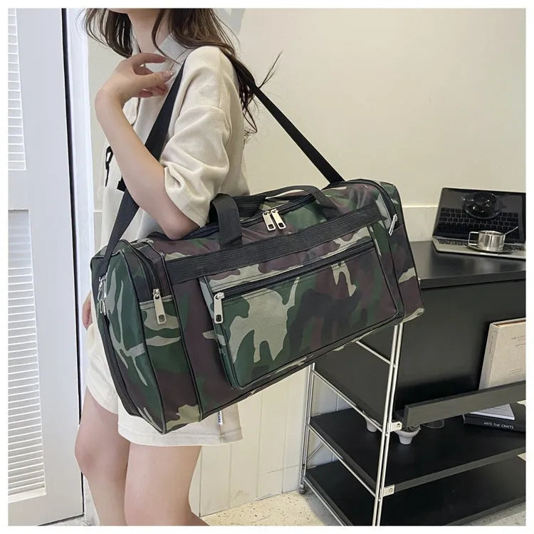 Camouflage pattern waterproof luggage bag with striped interior lining showing under 20L capacity