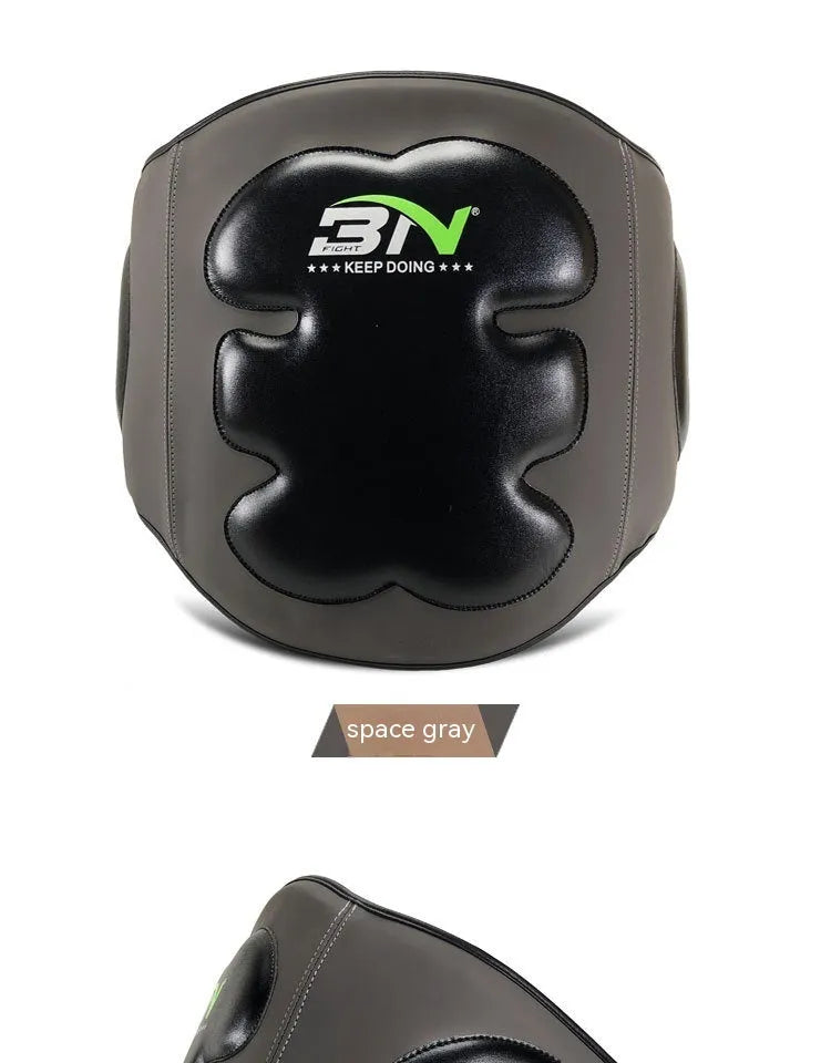 Sanda boxing chest protector target in dark grey colour showing waist protection design for martial arts training