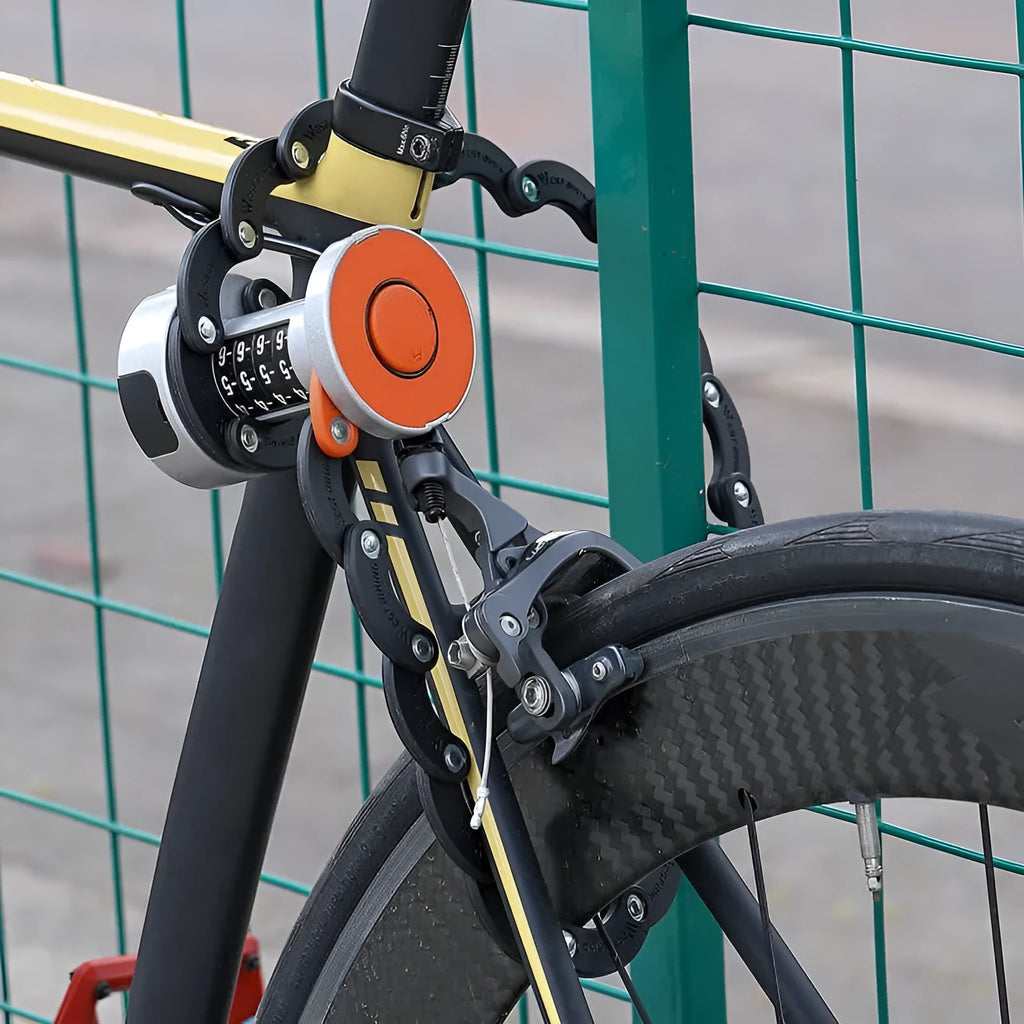 Portable bicycle folding lock in black and black orange colour options showing compact folded design