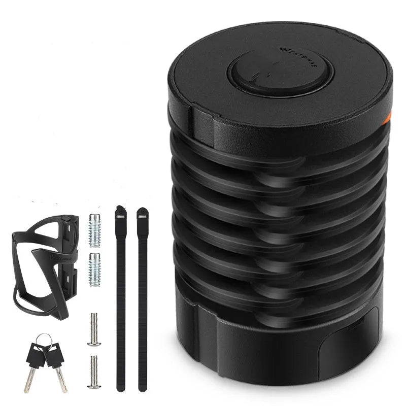 Portable bicycle folding lock in black and black orange colour options showing compact folded design