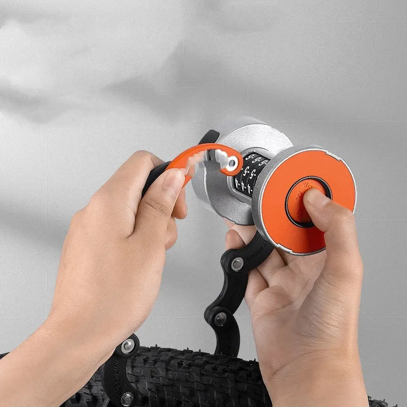 Portable bicycle folding lock in black and black orange colour options showing compact folded design