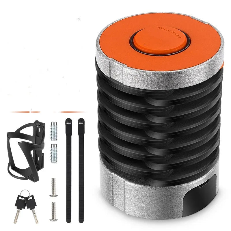Portable bicycle folding lock in black and black orange colour options showing compact folded design