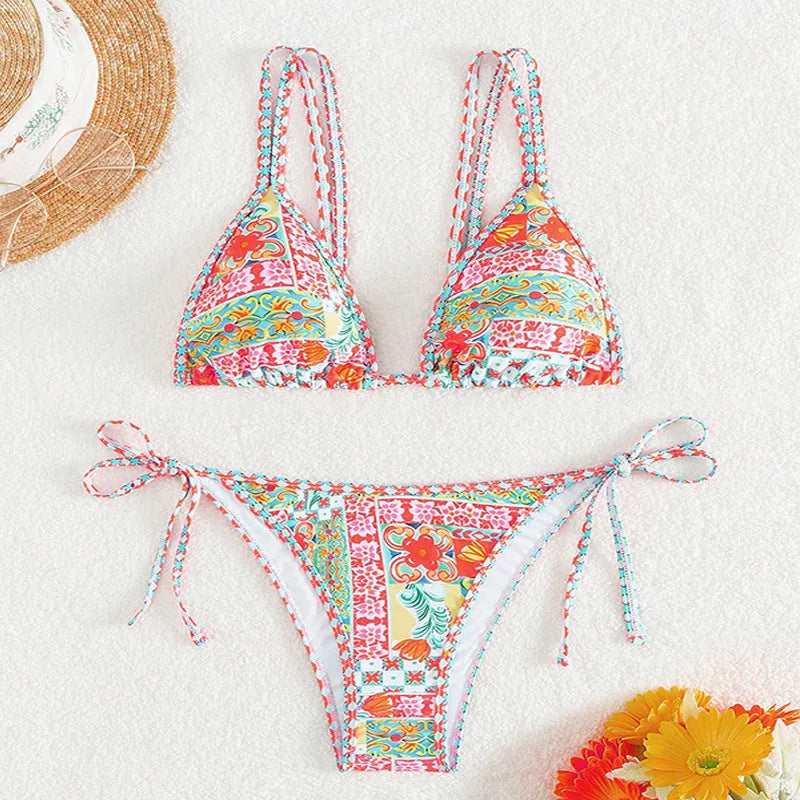 Women's lace-up split backless swimsuit bikini set in picture colour