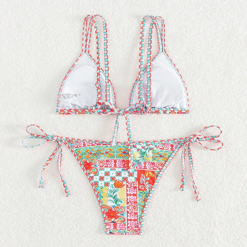 Women's lace-up split backless swimsuit bikini set in picture colour