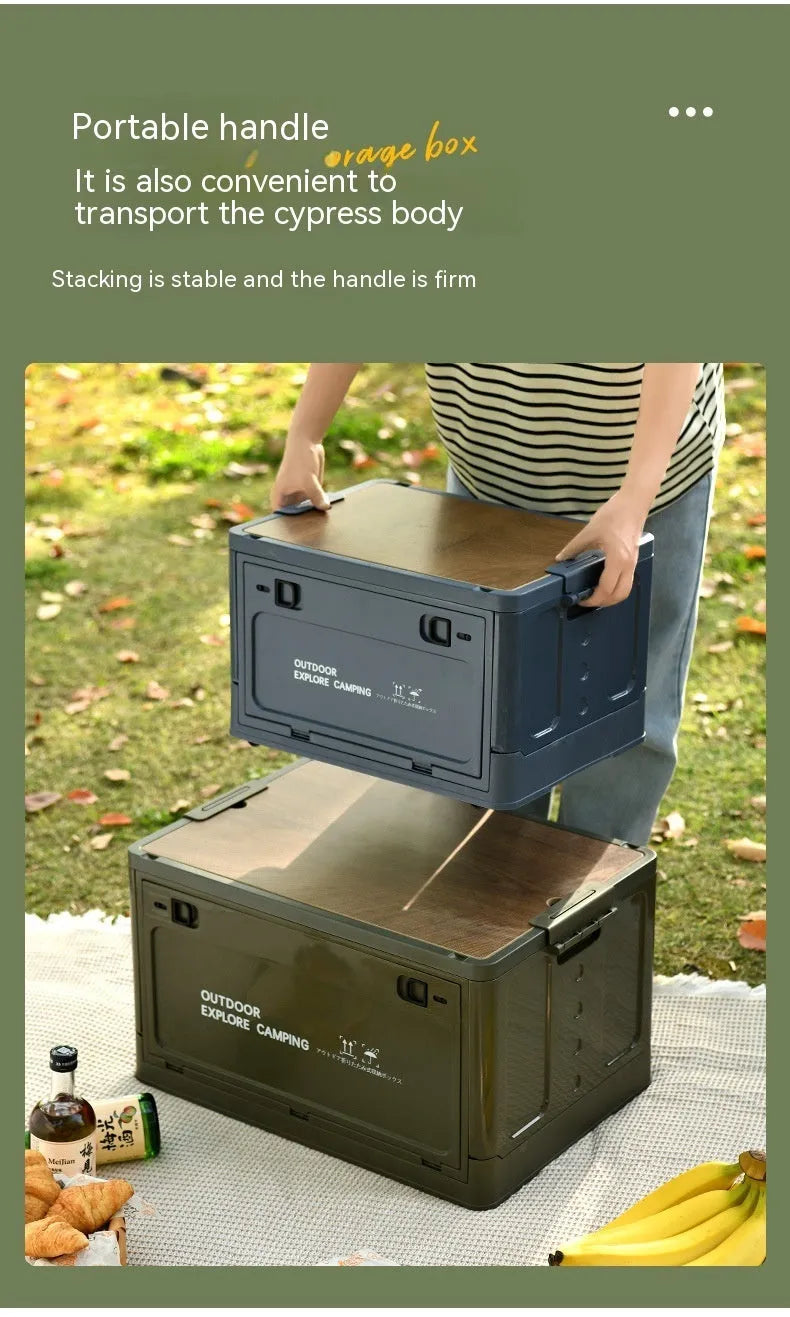 Large Nordic green foldable plastic storage box with wooden lid showing 45L capacity.