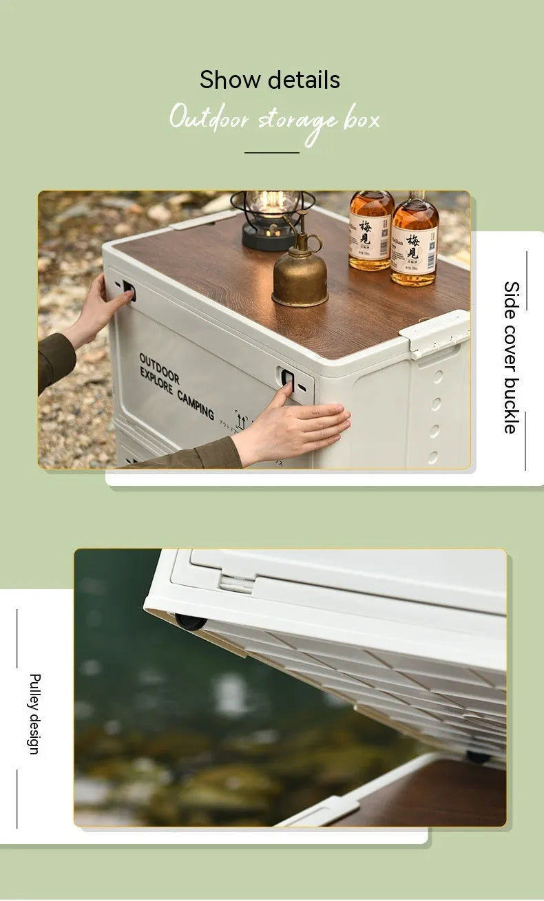 Large Nordic green foldable plastic storage box with wooden lid showing 45L capacity.