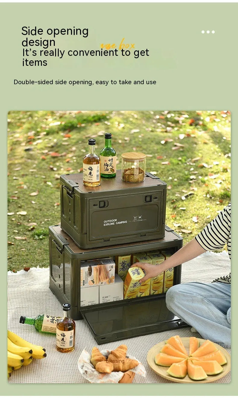 Large Nordic green foldable plastic storage box with wooden lid showing 45L capacity.