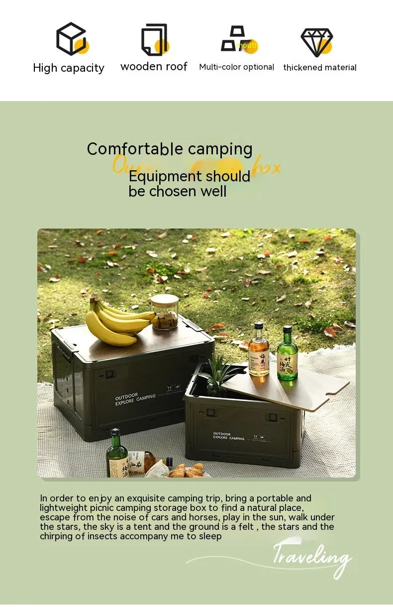 Large Nordic green foldable plastic storage box with wooden lid showing 45L capacity.