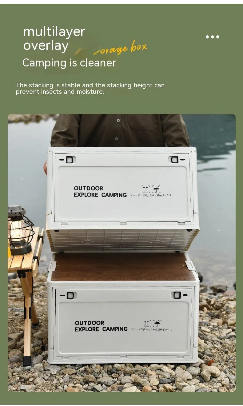 Large Nordic green foldable plastic storage box with wooden lid showing 45L capacity.