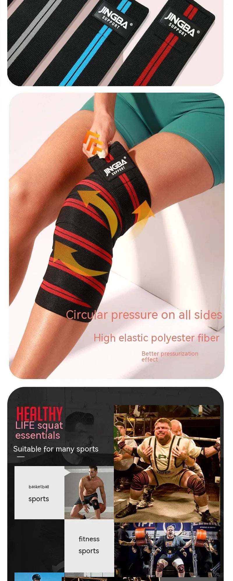 Adjustable adult sports knee pad in blue grey red or yellow for weightlifting cycling and fitness training