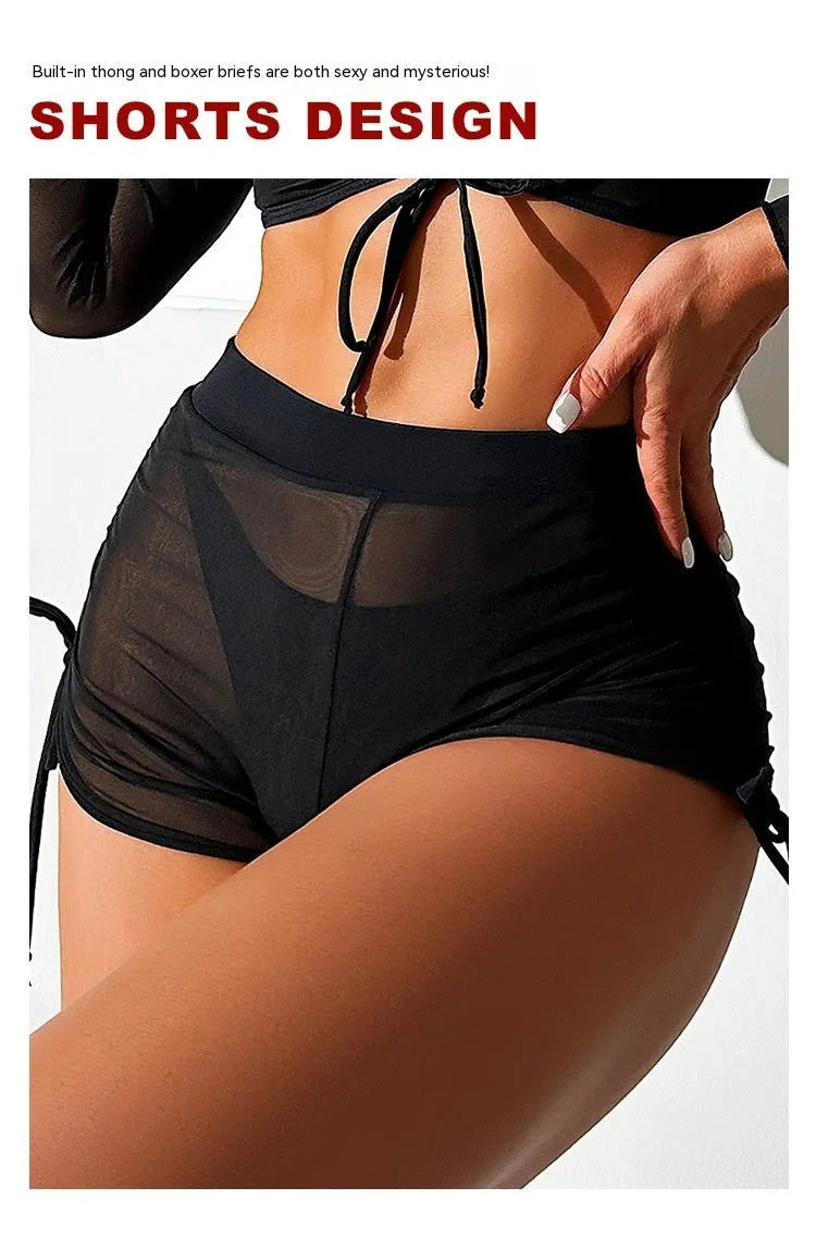 Black mesh women's four-piece bikini set with long sleeves and briefs bottoms for swimming sports