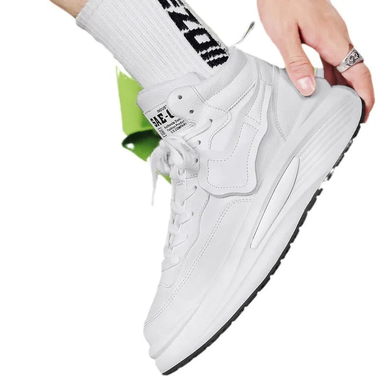 Men's black and white high-top platform board shoes with round toe and PU upper