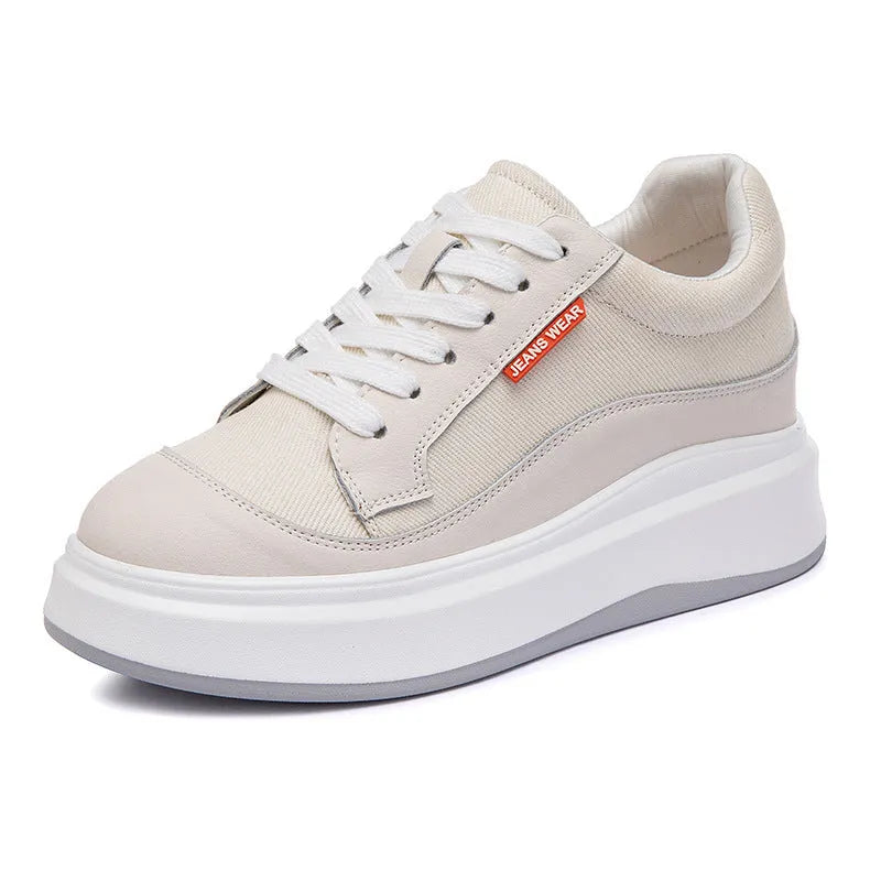 Beige and pink women's cowhide leather platform board shoes with a thick sole.