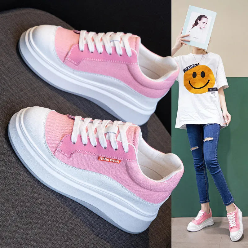 Beige and pink women's cowhide leather platform board shoes with a thick sole.