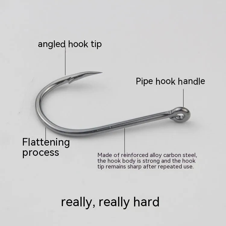 Bulk pack of barbed alloy carbon steel fishing hooks for rock and sea fishing in various sizes.