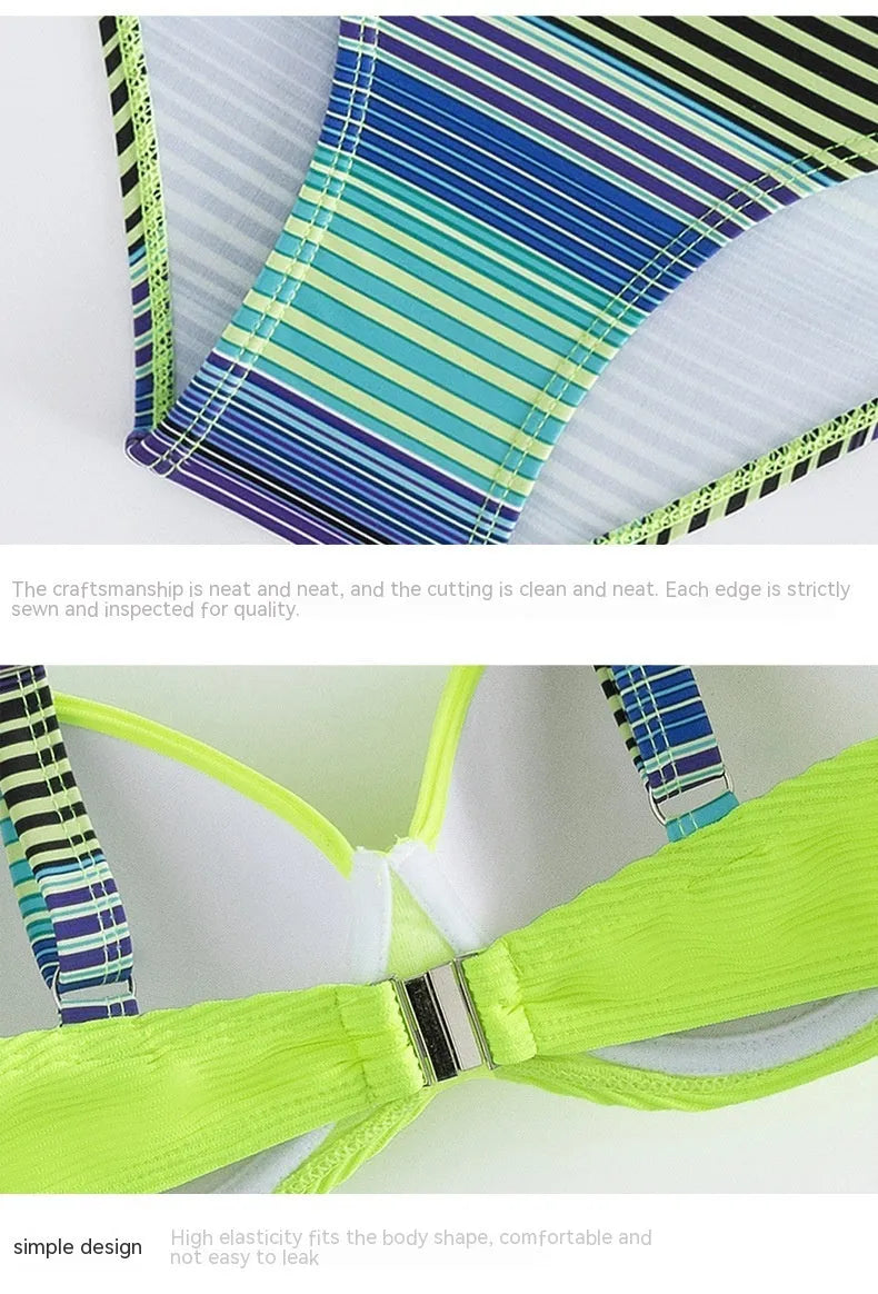 Green printed women's bikini set with halter triangle top and split briefs on white background