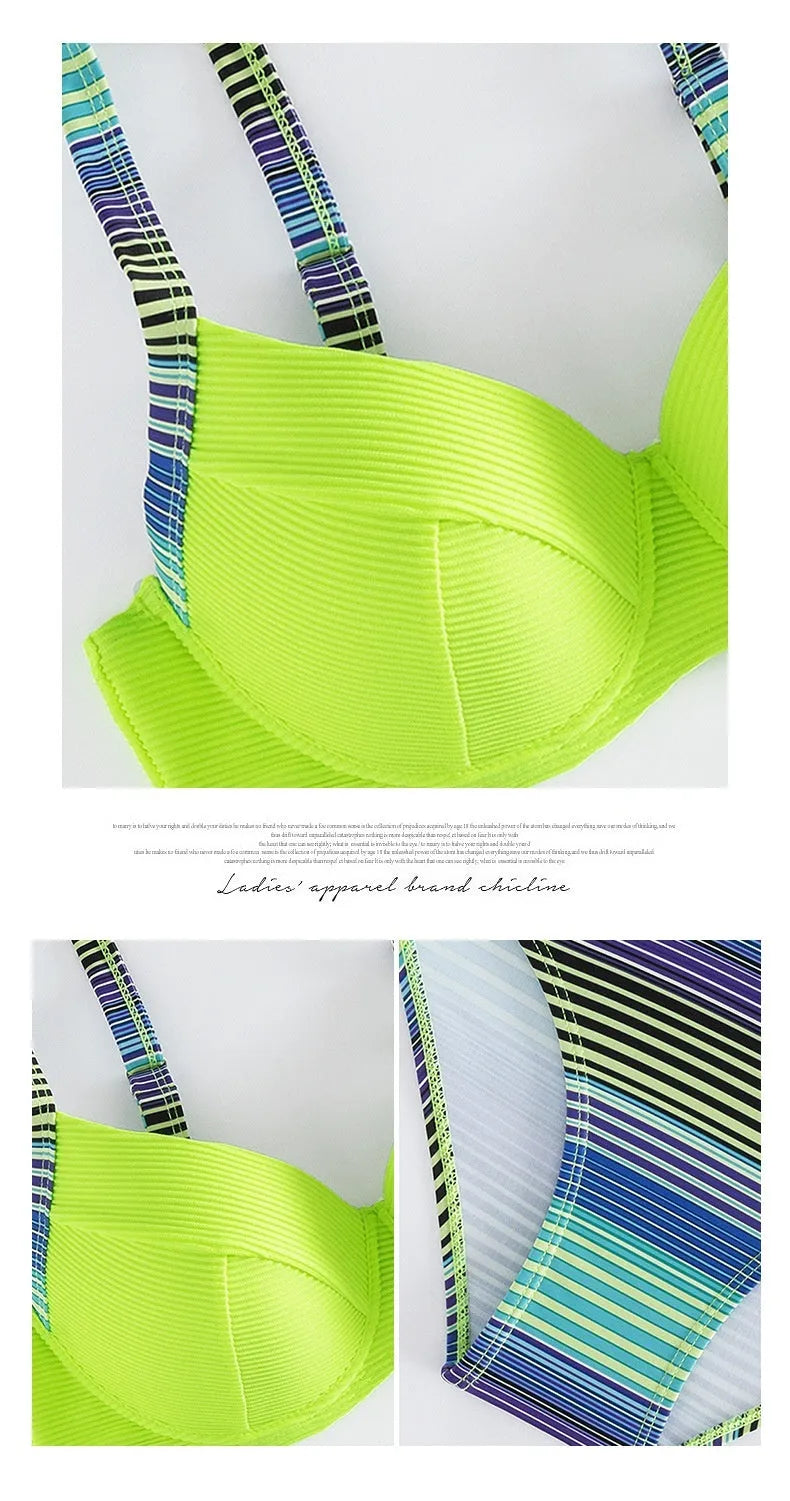 Green printed women's bikini set with halter triangle top and split briefs on white background