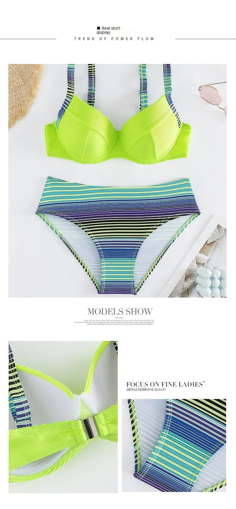 Green printed women's bikini set with halter triangle top and split briefs on white background