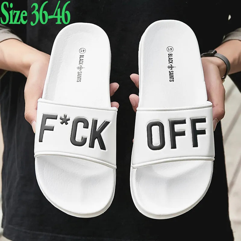 Men's black open toe personalised slippers with rubber sole showing European size markings